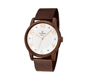 Relógio Champion Feminino Elegance - Marrom com Fundo Branco e Pulseira de Esteira - CN26117R