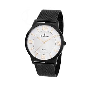 Relógio Champion Feminino S-Line - Preto com Fundo Branco e Pulseira de Esteira - CN21005M