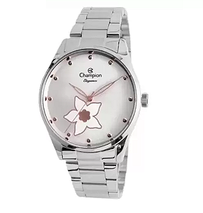 Relógio Champion Feminino com Semi Joia - Prata Fundo Branco Floral - CN24333Y