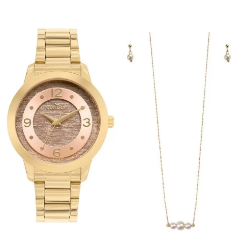 Relógio Condor Feminino KIT-Dourado com Glitter no Mostrador - CO2039ANS-K4T