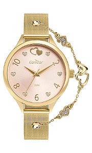 Relógio Condor Feminino KIT - Dourado com Mostrador Rosa e Pulseira de Esteira - COPC21JKZ-K4T