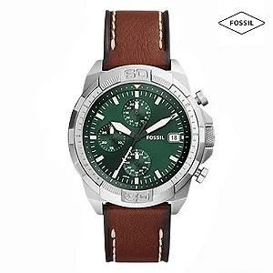 Relógio Fossil Masculino Bronson- Prata com Fundo Verde e Pulseira de Couro Marrom - FS5898-1VN