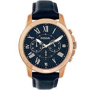 Relógio Fossil Masculino Grant - Rosê com Pulseira de Couro Azul - FS4835-2AN