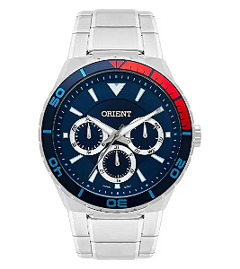 Relógio Orient Masculino - Prateado com Mostrador Azul e Vermelho - MBSSM082.D1SX