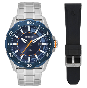 Relógio Orient Masculino - Prateado com Mostrador Azul e Laranja - MBSS1478.D1SX