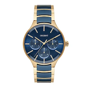 Relógio Orient Feminino Cerâmica Multifunção - Dourado com Mostrador e Detalhes da Pulseira Azul - MTSKM001.D1KD