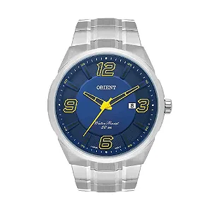 Relógio Orient Masculino - Prata com Mostrador Azul Detalhes em Amarelo e Calendário - MBSS1385.D2SX