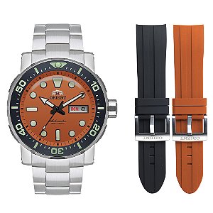 Relógio Orient Poseidon Diver Automático - Prata com Mostrador Laranja - Acompanha 2 Pulseiras - F49SS014.O1SX