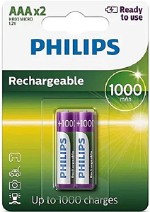 Pilhas Recarregável Palito Philips Aaa 1000mah Kit com 2 un