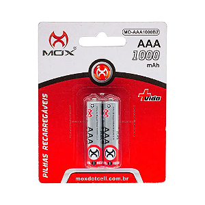 Pilhas Palito Recarregavel Mox AAA 1000mAh cartela com 2 un