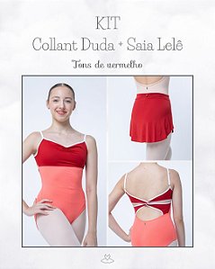 KIT - Collant Duda Salmão Pink com Vermelho Cereja + Saia Lelê Salmão Pink