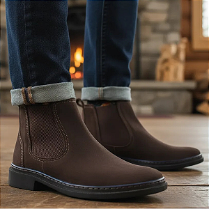 Bota Masculina Casual Estilo Chelsea Em Couro Nobuck Legitimo Original Cor Marrom Café Solado Borracha Costurado Botina Estilo Jovem