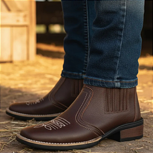 Bota Texana Country Cowboy Vaquejada Cavalgada Masculina Cor Marrom Café Couro Legitimo Original Solado Bico Quadrado Costurado Botinha Social