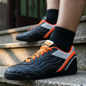 Chuteira Society em Couro Legitimo Original Marca Ravia Cor Preto Laranja Chuteirinha Solado borracha Costurado Modelo Estilo Tenis Reforçado Forte