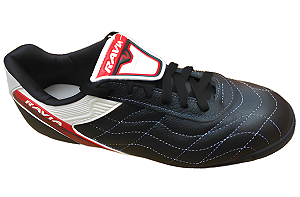 Chuteira Society em Couro Legitimo Original Marca Ravia Cor Preto Branco Chuteirinha Solado borracha Costurado Modelo Estilo Tenis Reforçado Forte Estilo Escolar Colegial