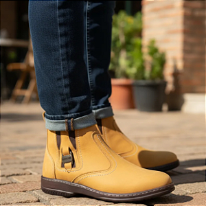 Bota Social Botina Masculina Casual Cor Amarelo Castor Couro Nobuck Legitimo Original Solado Borracha Costurado Botinha Country Resistente Forte Referencia 1020 Marca Campolina