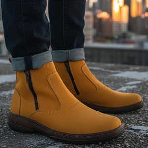 Bota Social Botina Masculina Casual Botina Cor Amarelo Castor Com Ziper Botinha Em Couro Nobuck Legitimo Original Solado Borracha Costurado Country Resistente Forte Referencia 2220 Marca Campolina