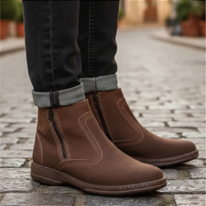 Bota Social Botina Masculina Casual Botina Cor Marrom Café Com Ziper Botinha Em Couro Nobuck Legitimo Original Solado Borracha Costurado Country Resistente Forte Modelo 2220 Marca Campolina Cidade Fazenda Roça