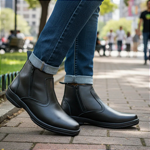 Bota Social Cor Preta Masculina Em Couro Legitimo Botina Com Ziper Botinha Estilo Casual Country Solado Borracha Costurado Calçado Marca Campolina Caçado Forte Resistente Confortavel