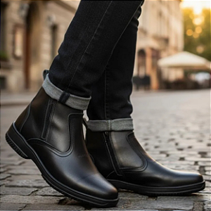 Bota Social Masculina Em Couro Legitimo Cor Preta Botina Com Ziper Botinha Estilo Casual Country Solado Borracha Costurado Calçado Marca Campolina Caçado Forte Resistente Confortavel