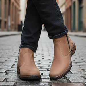 Bota Masculina Casual Cor Marrom Claro Com Ziper Fecho Couro Legitimo Original Botina Marrom Claro Cor Rato Solado Borracha Costurado Botinha Country Resistente Forte Referencia 2220 Marca Campolina