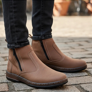 Bota Masculina Casual Cor Marrom Claro Com Ziper Fecho Couro Legitimo Original Botina Solado Borracha Costurado Botinha Country Resistente Forte Modelo 2220 Marca Campolina
