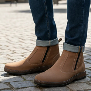 Bota Botina Masculina Casual Cor Marrom Claro Com Ziper Fecho Couro Legitimo Original Solado Borracha Costurado Botinha Country Resistente Forte Referencia 2220 Marca Campolina