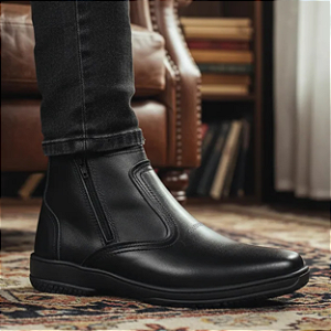 Bota Masculina Casual Cor Preto Com Ziper Fecho Couro Legitimo Original Botina Solado Borracha Costurado Botinha Country Resistente Forte Modelo 2220 Marca Campolina