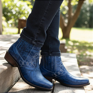 Bota Country Cowboy Sertaneja Cor Azul Vaquejada Cavalgada Peao de Rodeio Botina Em Couro Legitimo Original Marca Campolina Salto Carrapeta Solado Em Borracha Costurado botinha Forrada