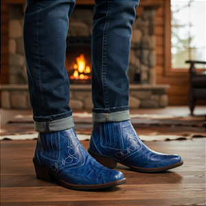 Bota Country Cowboy Sertaneja Cor Azul Vaquejada Cavalgada Peao de Rodeio Botina Em Couro Legitimo Original Marca Campolina Salto Carrapeta Solado Em Borracha Costurado Botinha Forrada Estilo Agro Agronegocio Show