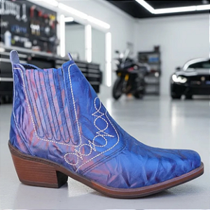 Bota Country Cowboy Sertaneja Cor Azul Vaquejada Cavalgada Peao de Rodeio Botina Em Couro Legitimo Original Marca Campolina Salto Carrapeta Solado Em Borracha Costurado Botinha Forrada Estilo Agro Agronegocio Show Fazenda Cidade Roça Balada