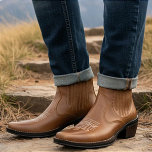 Bota Country Cowboy Sertaneja Cowboy Vaquejada Cavalgada Peao de Rodeio Botina Em Couro Legitimo Original Marca Campolina Salto Carrapeta Solado Em Borracha Costurado Botinha Forrada Estilo Agro Agronegocio Show Fazenda