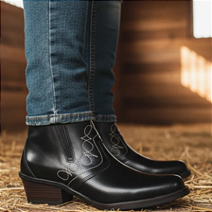 Bota Country Com Ziper Fecho Cor Preto Preta Cowboy Vaquejada Cavalgada Rodeio Botina Couro Vaqueta Legitimo Original Marca Campolina Salto Carrapeta