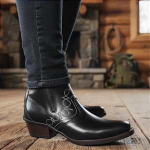 Bota Country Com Ziper Fecho Cor Preto Preta Cowboy Vaquejada Cavalgada Rodeio Botina Couro Vaqueta Legitimo Original Marca Campolina Salto Carrapeta