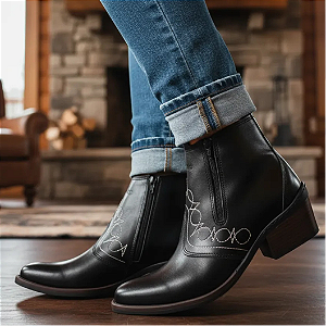Bota Country Feminina Com Ziper Fecho Cor Preta Cowboy Vaquejada Cavalgada Rodeio Botina Couro Legitimo Original Marca Campolina Salto Carrapeta