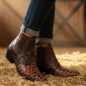Bota Country Feminina Marrom Café Com Marrom Croco Cowboy Vaquejada Cavalgada Rodeio Botina Couro Legitimo Original Marca Campolina Solado Costurado