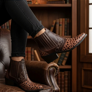Bota Country Feminina Mulher Botina Marrom Café Com Marrom Croco Montaria Cavalgada Rodeio Couro Legitimo Original Marca Campolina Solado Costurado