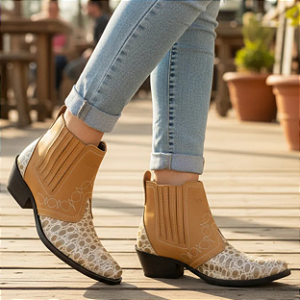 Bota Country Feminina Mulher Botina Amarelo Castor Com Bege Croco Montaria Cavalgada Rodeio Couro Legitimo Original Marca Campolina Salto Carrapeta