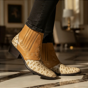 Bota Country Feminina Mulher Botina Amarelo Castor Com Bege Croco Montaria Cavalgada Rodeio Couro Legitimo Original Marca Campolina Solado Costurado