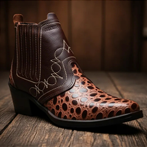 Bota Country Couro Legitimo Cor Marro Café com Marrom Croco Botina Cowboy Vaquejada Cavalgada Rodeio Vaqueiro Boiadeiro Botinha Solado Borracha Costurado Salto Alto Carrapeta Marca Campolina Referencia 3736