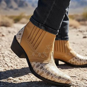 Bota Country Couro Legitimo Cor Marro Café com Marrom Croco Botina Cowboy Vaquejada Cavalgada Rodeio Vaqueiro Boiadeiro Botinha Solado Borracha Costurado Salto Alto Carrapeta Marca Campolina Referencia 3736