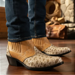 Bota Country Couro Legitimo Cor Amarelo Castor com Croco Bege Botina Cowboy Vaquejada Cavalgada Rodeio Vaqueiro Boiadeiro Botinha Solado Borracha Costurado Salto Alto Carrapeta Marca Campolina Referencia 3736