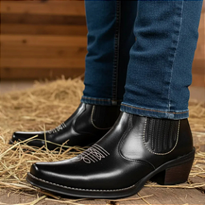 Bota Country Masculina Cowboy Vaquejada Rodeio Couro Legítimo Campolina 3331 Preta Solado Costurado