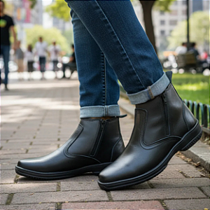 Bota Masculina Casual Preta Com Zíper Couro Legítimo Original Botina Country Solado Borracha Costurado Modelo 2220 Campolina