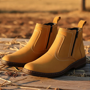 Bota Social Masculina Botina Casual Amarelo Castor Com Zíper Couro Nobuck Legítimo Original Botina Country Solado Borracha Costurado 2220 Campolina