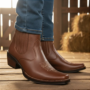 Bota Country Cowboy Masculina Marrom Couro Legítimo Solado Borracha Salto Carrapeta Vaquejada Campolina 3331