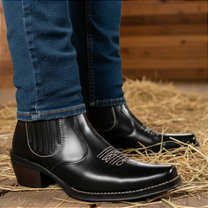 Bota Country Cowboy Masculina Vaquejada Cavalgada Masculina Preta Botina Couro Legitimo Original Solado Borracha Costurado 3331 Marca Campolina