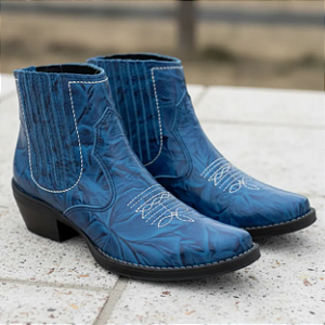 Bota Country Masculina Azul Texana Couro Legítimo Cowboy Vaquejada Rodeio Cavalgada Solado Borracha Campolina 3331