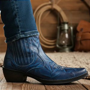 Bota Country Cowboy Masculina Azul Texana Couro Legítimo Cowboy Vaquejada Rodeio Cavalgada Solado Costurado Campolina 3331