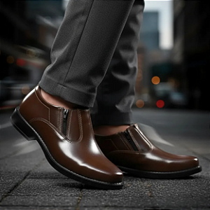 Sapato Social Com Ziper Masculino Couro Legítimo Marrom Solado Borracha Costurado Meia Bota Campolina 5035